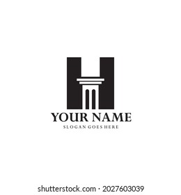 logo letter H and pillars. Abstract combination of pillars in letter H negative space concept. Suitable for legal businesses, lawyers, law offices, legal consultants and others
