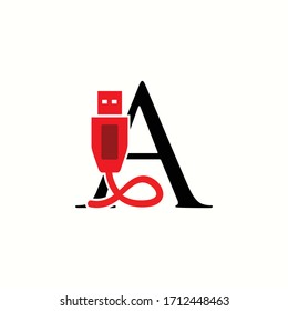 letra de logotipo a con icono usb diseño vectorial