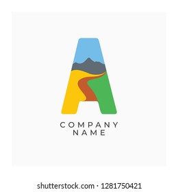 Logo letter A with the image of nature. Icon A. Abstract logo with landscape. Label for agricultural or eco company. Bright  and colorful vector logotype