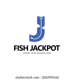 Logo with letter j contains a fishhook and fishes. Brand identity for fisherman group or organization, aquarium fish shop, or fishing community.