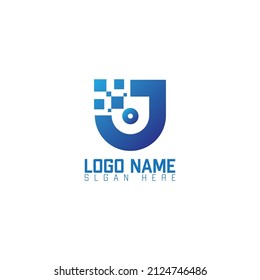 un logotipo con el concepto de píxel J de letra