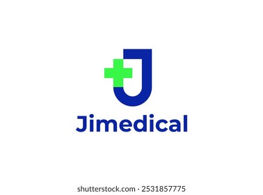 Letra de logotipo J com símbolo médico plus, Modelo criativo para hospital e saúde.