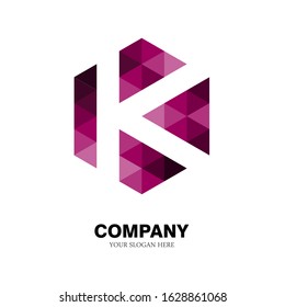 the logo letter k, with the hexagon shape of a collection of triangles. modern template. pink texture. isolated white. k logo technology for companies, digital and graphic graphics