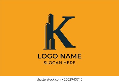 Logo Letter K and Skyscraper Building with Gold luxury color. real estate, architecture, building, apartment. Editable file