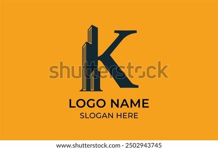 Logo Letter K and Skyscraper Building with Gold luxury color. real estate, architecture, building, apartment. Editable file