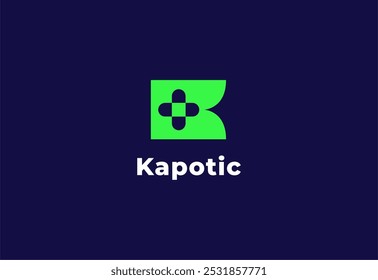 Letra de logotipo K com símbolo médico plus, Modelo criativo para hospital e saúde.