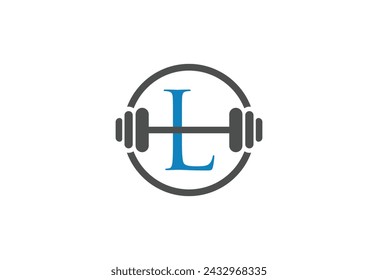 logo letter "L" with barbell vector design, simple and elegant blue logo branding for fitness sport