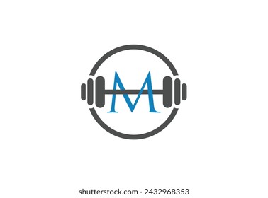 logo letter "M" with barbell vector design, simple and elegant blue logo branding for fitness sport