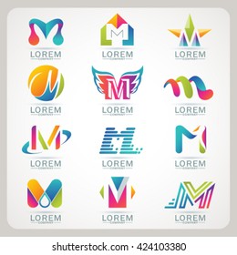 Logo letter M element and Abstract web Icon and globe vector symbol. Unusual sign icon and sticker set. Graphic design easy editable for Your design. Modern logotype icon.