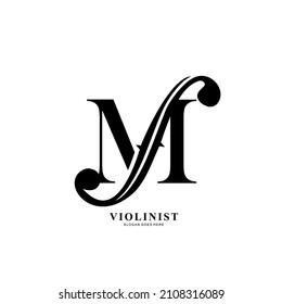 Logo Buchstaben M und F-Löcher. violinistische Logo-Initialen M. Letter M Logo Violine Charakter. Buchstabe M mit Geigenloch