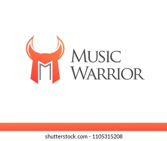 Logo with Letter M in form of Warrior Helm. Vector emblem for Music company isolated on white background, EPS 10.