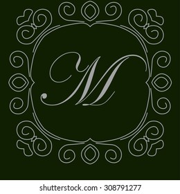 Logo with the letter M on a dark green background, vector illustration with ornament on dark green background