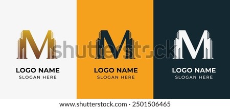 Logo Letter M and Skyscraper Building with Gold luxury color. Logo real estate, architecture, building, apartment. Editable file