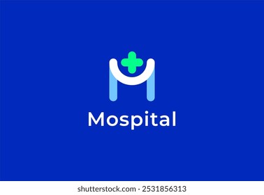 Logotipo letra M con el símbolo médico plus, Plantilla creativa para el hospital y la atención sanitaria.