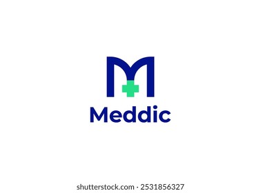 Letra de logotipo M com símbolo médico plus, Modelo criativo para hospital e saúde.