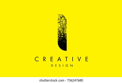 I Logo Letter Made From Black Tree Branches. Tree Letter Design with Minimalist Creative Style.