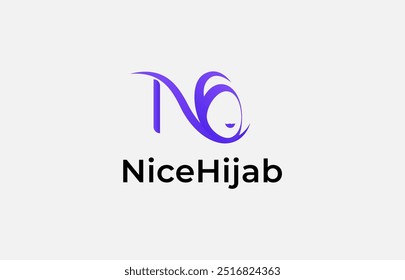 Logotipo de la letra N y la cara del hijab femenino en forma de O. Mujer, belleza y moda. Archivo editable