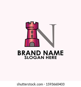 logo letter n with icon castle vector design