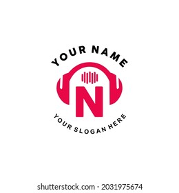 logo letter N music. vector illustration of letter N and headset icon with tone graphic. suitable for application logos, music studios, music industry and others