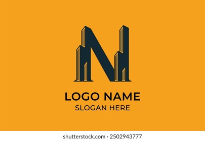 Logo Letter N and Skyscraper Building with Gold luxury color. real estate, architecture, building, apartment. Editable file