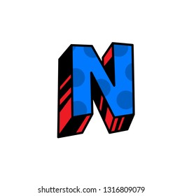 Logo, letter N. Vector. Linear, outline icon. Volumetric mark, 3D. Color capital letter. Illustration with pattern. Symbol on white background. Cartoon style. The image of the circus.