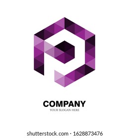 the logo letter p, with the hexagon shape of a collection of triangles. modern template. purple texture. isolated white. p logo technology for companies, digital and graphic graphics