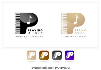 Logo letter P its meaning piano school or playing music. with illustration keyboard. two variation colors black and gold with isolated white background. applicable for logo apps, logo school, course.