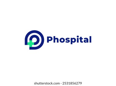 Letra logotipo P com símbolo médico plus, modelo criativo para hospital e saúde.