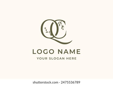 logo letter Q and C with flower branch. Logo feminine type, floral, beauty. Editable file