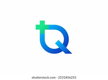 Logo letter Q with symbol medical plus, Creative template for hospital and healthcare.