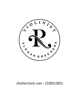 logo letter R and F-holes. violinist logo initials R. letter R logo violin character. letter R with violin hole