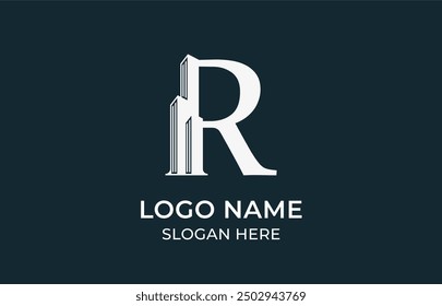 Logotipo Letra R y rascacielos Edificio con color oro de lujo. bienes raíces, arquitectura, edificio, apartamento. Archivo editable
