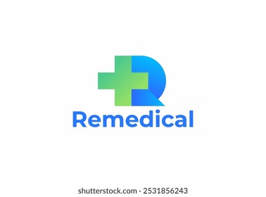 Letra de logotipo R com símbolo médico plus, Modelo criativo para hospital e saúde.