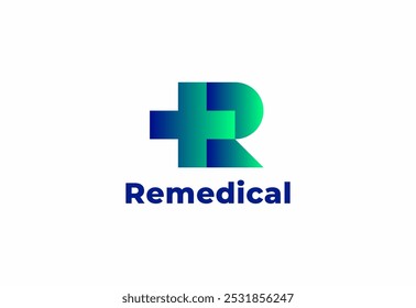 Logotipo de la letra R con el símbolo médico plus, Plantilla creativa para el hospital y la atención sanitaria.