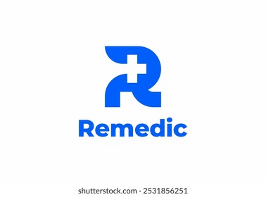 Letra de logotipo R com símbolo médico plus, Modelo criativo para hospital e saúde.