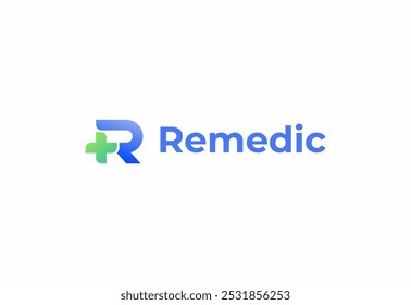 Letra de logotipo R com símbolo médico plus, Modelo criativo para hospital e saúde.