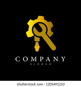 logo letter r, workshop logo with experts + symbol of gear and screwdriver