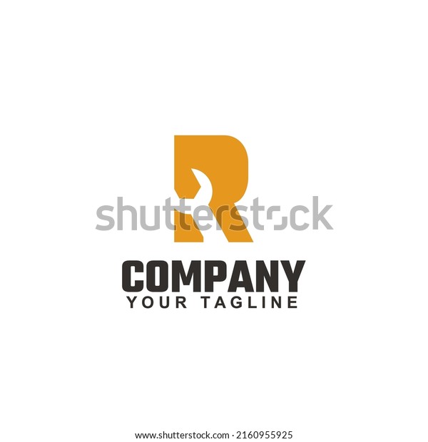 Logo\
of Letter R and Wrench  isolated on white background. Vector\
illustration flat design. Spanner pictogram. Handle industrial tool\
for repair. Symbol of heavy mechanical work,\
logo.