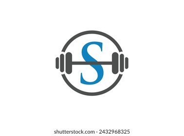 logo letter "S" with barbell vector design, simple and elegant blue logo branding for fitness sport