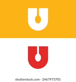 Logo letra U cuchara restaurante diseño minimalista con fondo en blanco