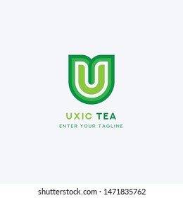 Logo Letter U Tea, Concept Letter U + Icon Green Leaf.