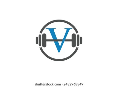 logo letter "V" with barbell vector design, simple and elegant blue logo branding for fitness sport