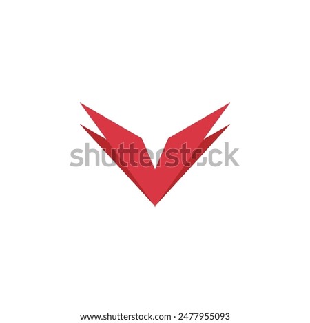 Logo letter V or wings red paper origami fold with blank background