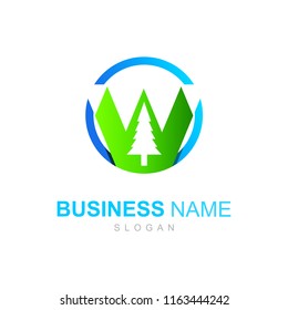 the logo of the letter W with the appearance of a simple pine tree and character,mountain icon,  the logo is ready to use