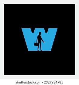 Logo with letter W and a silhouette of businessman in a suit with a suitcase inside letter. Dynamic pose. Vector illustration.