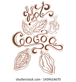 logo with lettering hot cocoa, cocoa beans, leaves