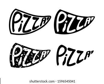 Logo lettering pizza in the shape of a triangular piece of pizza. Logo for pizza.