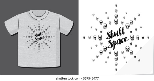 Logo Lettering Skull Space and Plenty Skulls as Thin Rays Star with Potential Application Example on T-Shirt Vector Template - Black on Heather Grey Background - Calligraphic and Silhouette Design