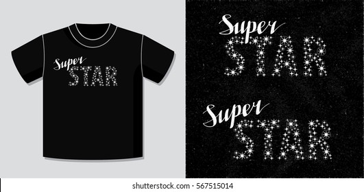 Logo Lettering Super Star Combined of Different Stars and Calligraphic Handwritten Text with Potential Application Example on T-Shirt Vector Template - White on Black Background - Flat Graphic Design