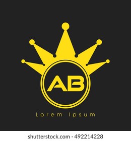 Logo letters A and B yellow crowned. Crown logotype design template.